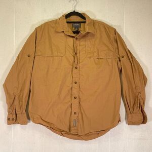 Men's Medium Woolrich Beige Hunting Shirt Botton Front‎ Shoulder LT Buckskin